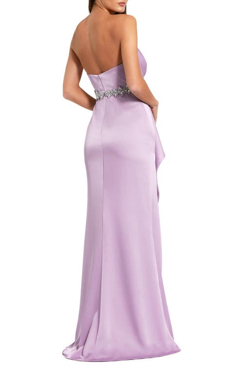 Mac Duggal Strapless Satin Gown With Embellished Belt Detail In Lilac