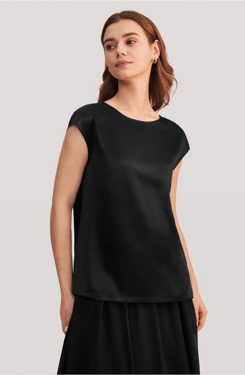 Lilysilk Basic Cap Sleeves Silk Tee, Alternate, color, Black