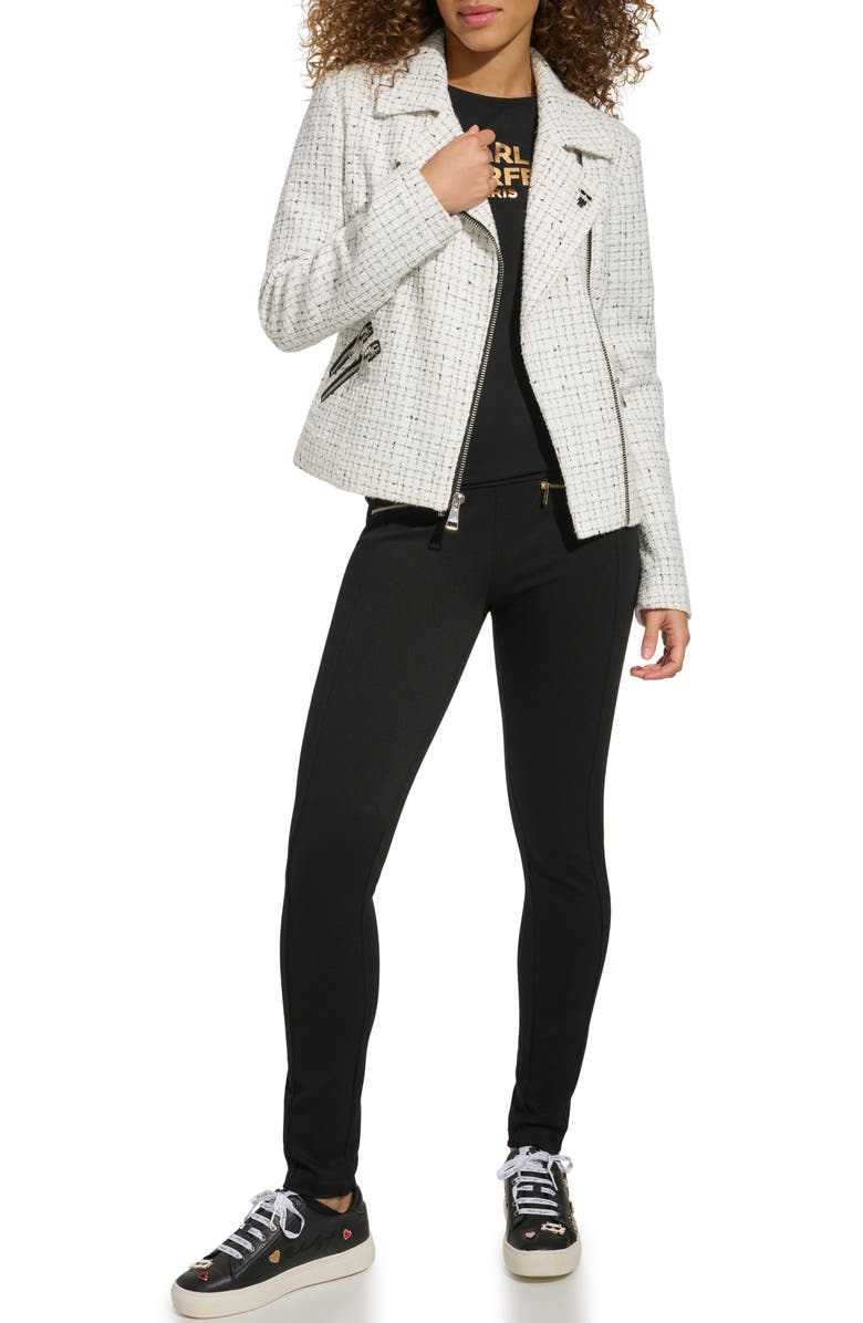 KARL LAGERFELD PARIS Pin Detail Tweed Moto Jacket, Alternate, color, 