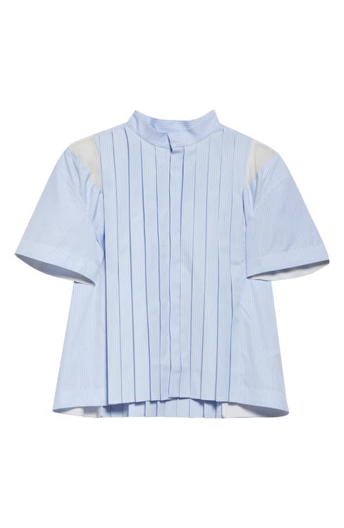 Shop Sacai Pinstripe Pintuck Poplin Short Sleeve Button-up Shirt In Light Blue Stripe