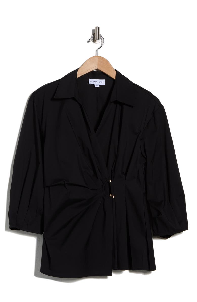 Gemma + Jane Draped D-Ring Faux Wrap Top, Alternate, color, Black