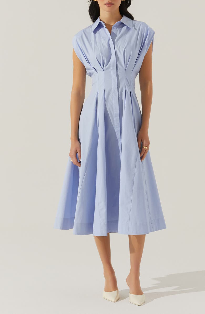 ASTR the Label Beckett Pleat Waist Cotton Midi Shirtdress, Main, color, Blue