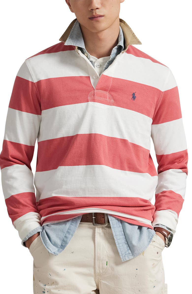 Polo Ralph Lauren Classic Fit Khaki Collar Rugby Shirt, Main, color, Red Sky/ Trophy Cream