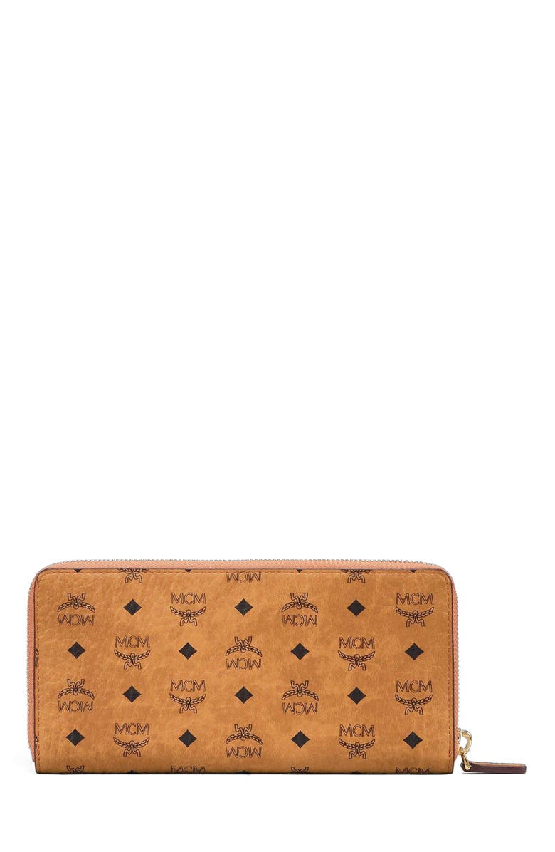 MCM Aren Zip Around Wallet in Visetos, Alternate, color, Cognac
