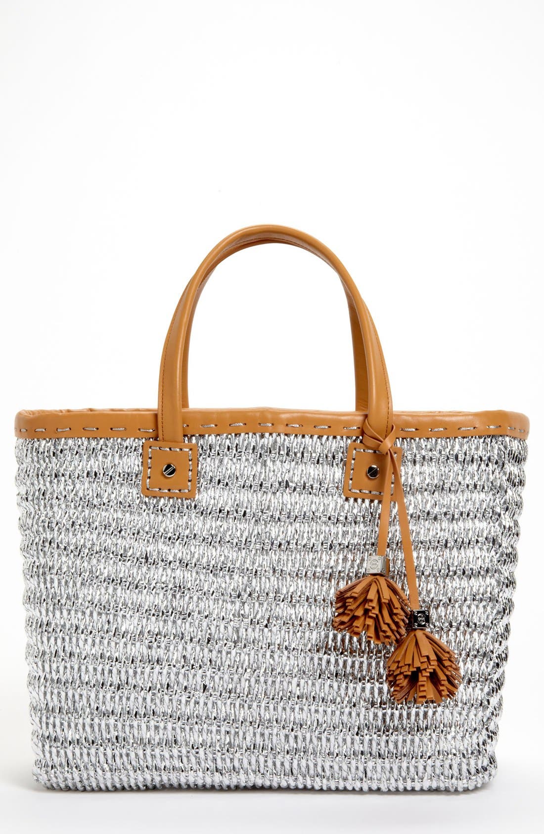 Metallic Straw Tote, Large, Main, color, SILVER