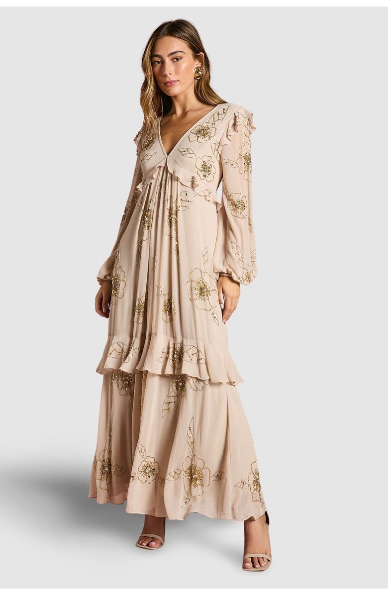 Coast V-Neck Embellished Tiered Midi Dress, Main, color, Ivory