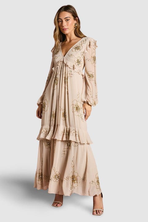 V-Neck Embellished Tiered Midi Dress