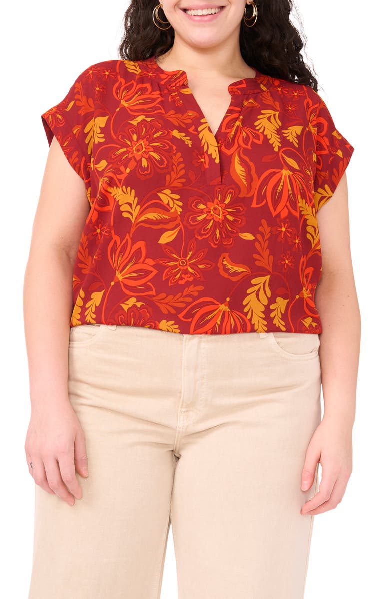 Vince Camuto Floral Split Neck Top, Main, color, Chili
