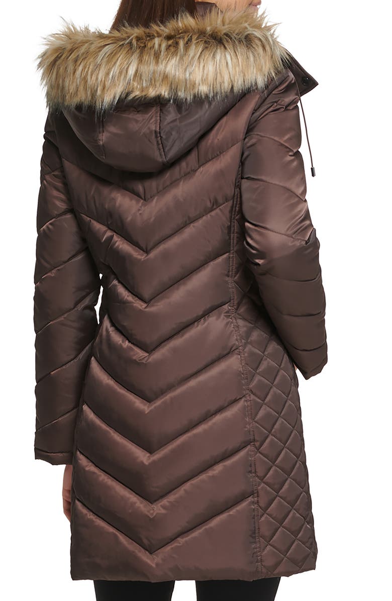 Kenneth Cole New York Faux Fur Trim Longline Puffer Jacket, Alternate, color, Dark Roast