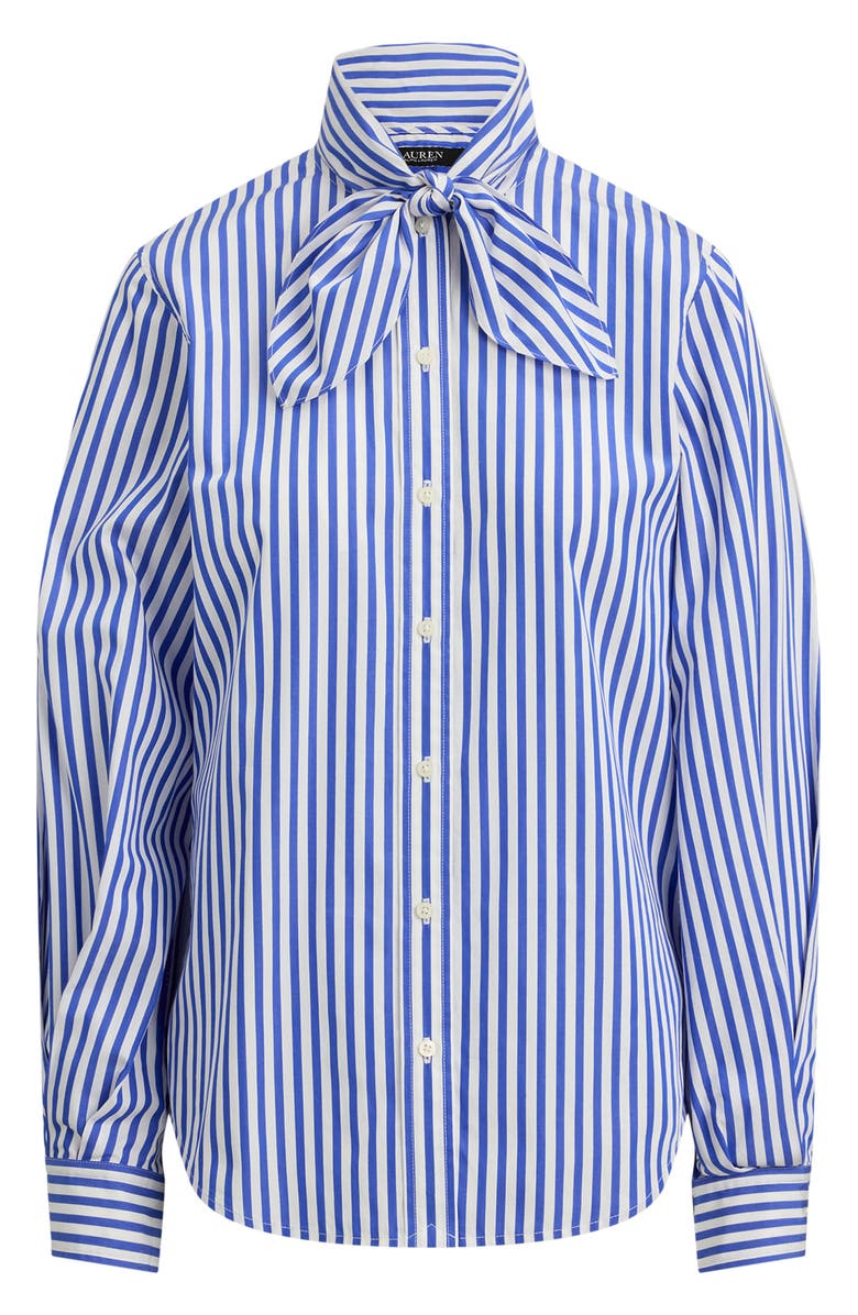 Lauren Ralph Lauren Stripe Tie Neck Cotton Broadcloth Button-Up Shirt, Alternate, color, Blue/ White