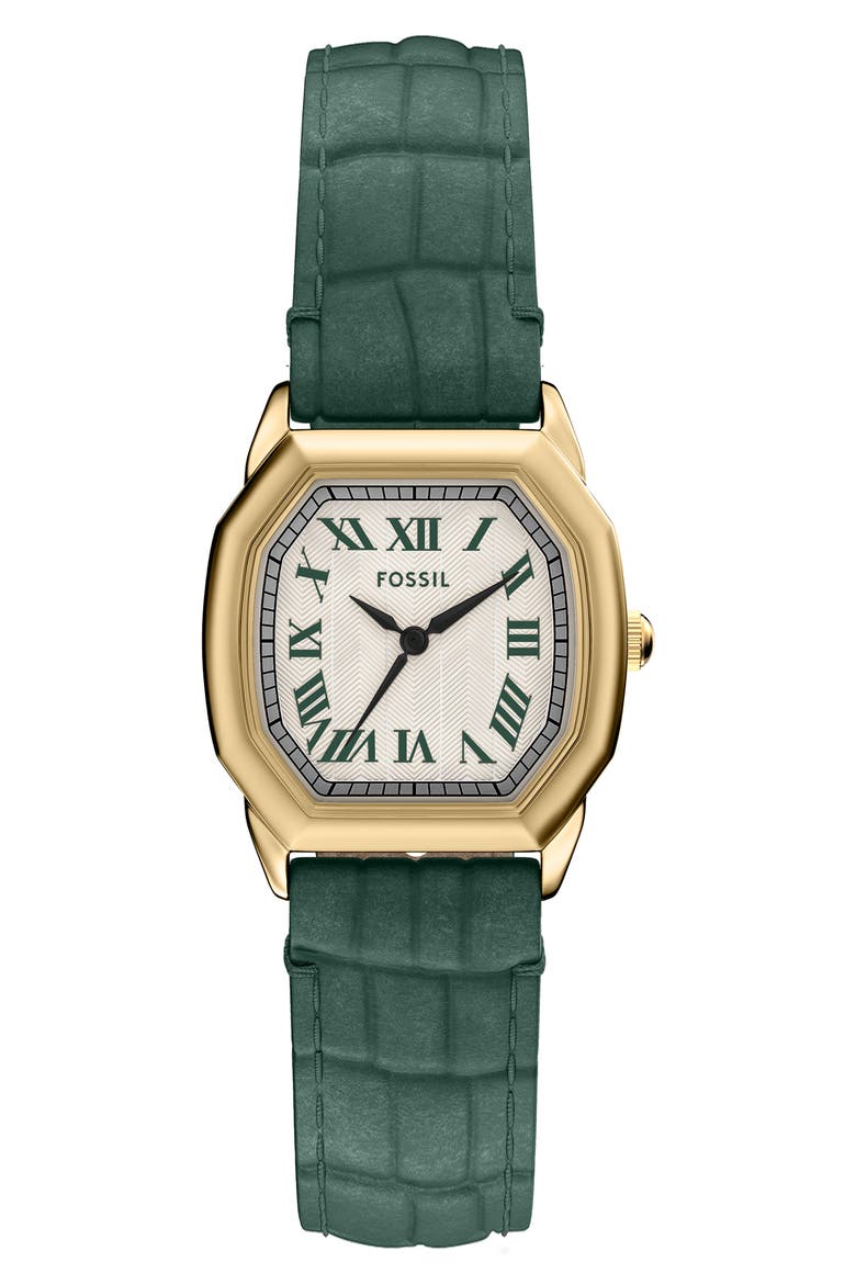 Harlow Croc Embossed Leather Strap Watch, 27mm, Main, color, WHITE/ GREEN/ GOLD