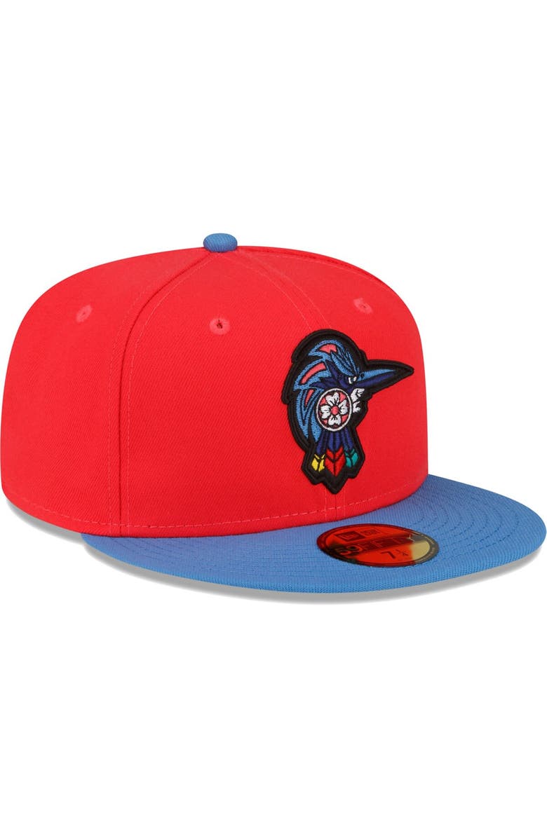 New Era Men's New Era Coral/Blue Fayetteville Woodpeckers Copa De La Diversion 59FIFTY Fitted Hat, Alternate, color, Coral