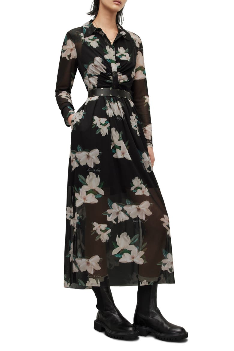 Kelda Alessandra Long Sleeve Mesh Shirtdress, Main, color, BLACK