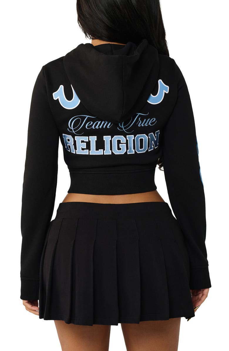 True Religion Embroidered Front Zip Cotton Blend Crop Hoodie, Alternate, color, Jet Black