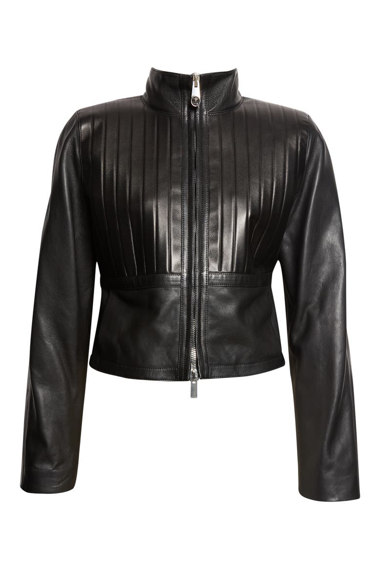 Crop Plonge Leather Jacket, Alternate, color, BLACK