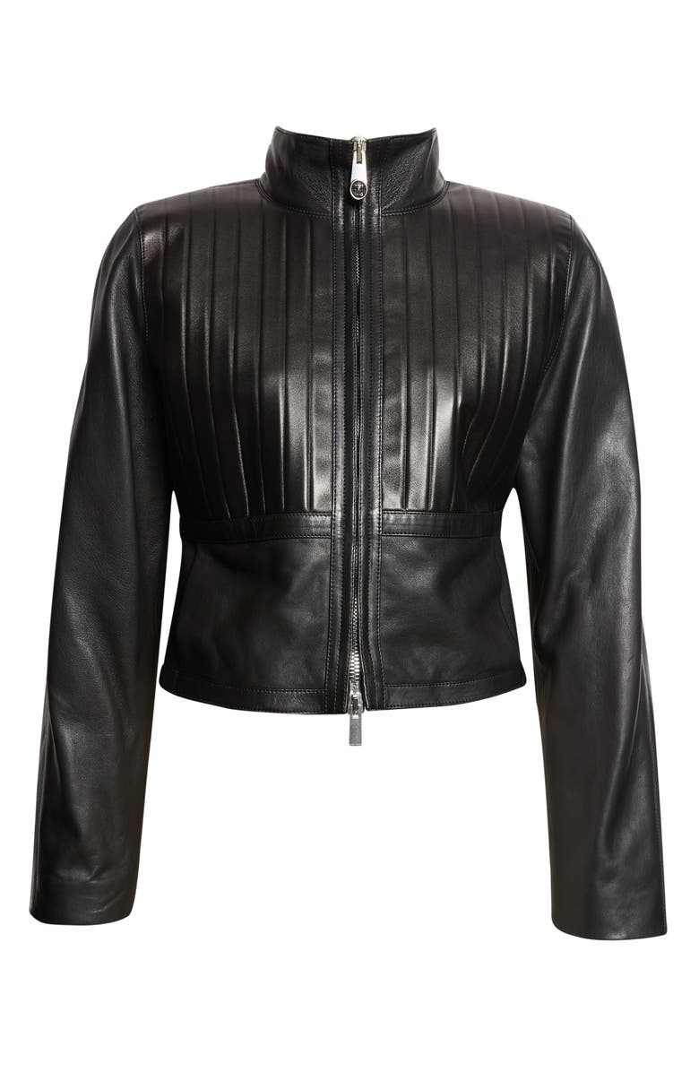 Versace Crop Plonge Leather Jacket, Alternate, color, Black