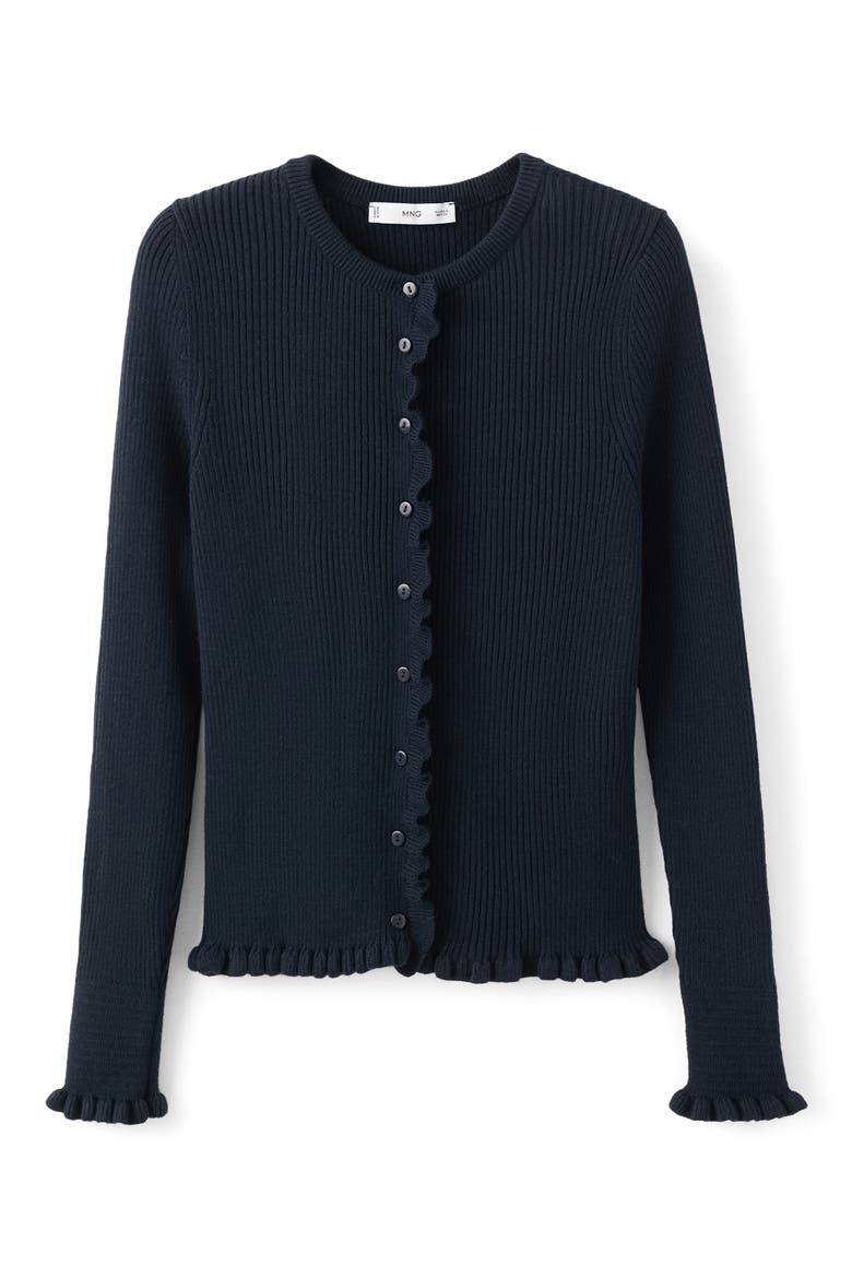Ruffle Trim Rib Cardigan, Alternate, color, NAVY