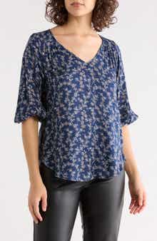 Renee C Floral Back Keyhole Balloon Sleeve Top