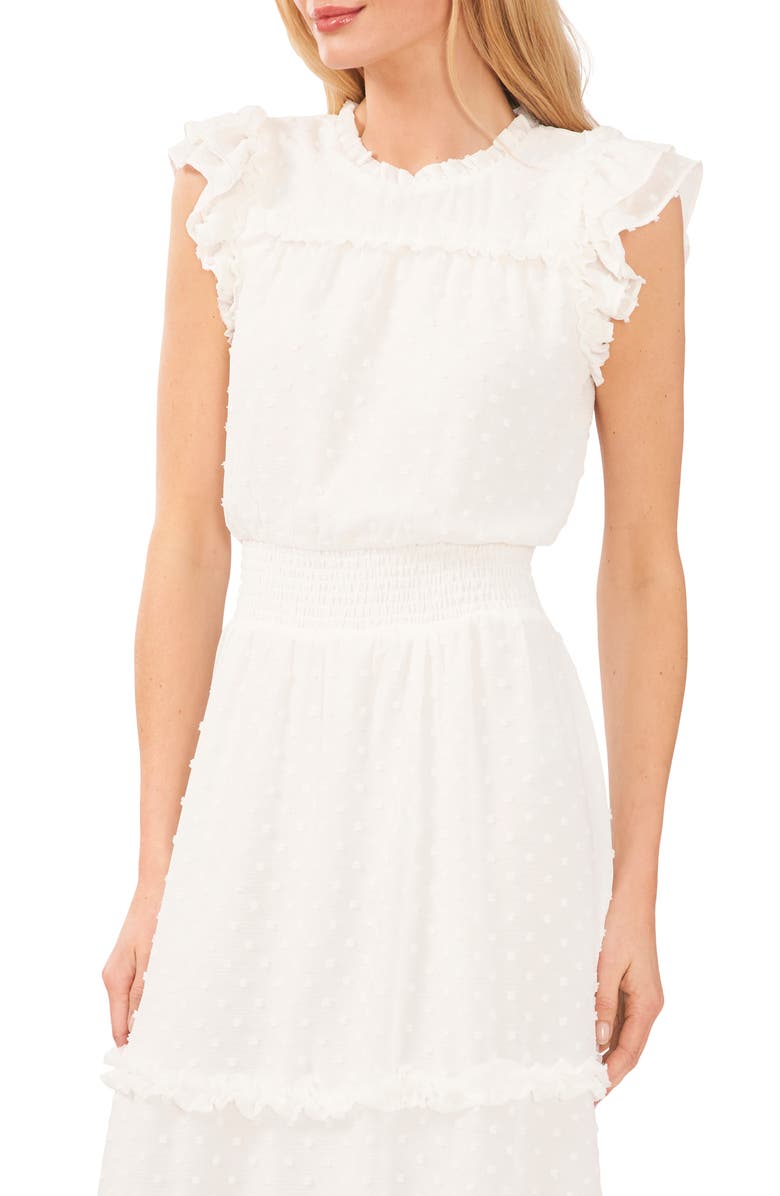 CeCe Clip Dot Flutter Sleeve Midi Dress, Alternate, color, Soft Ecru