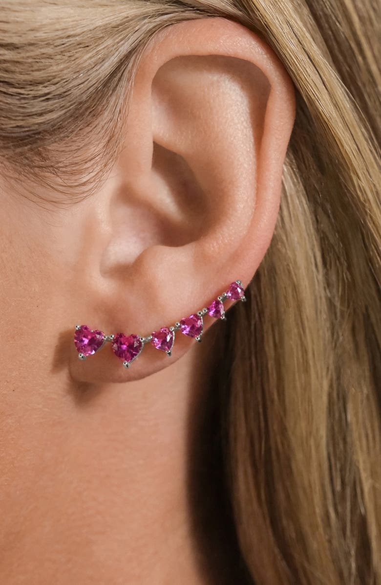 Sterling Forever Jillian Cubic Zirconia Heart Ear Climbers, Alternate, color, Silver / Pink