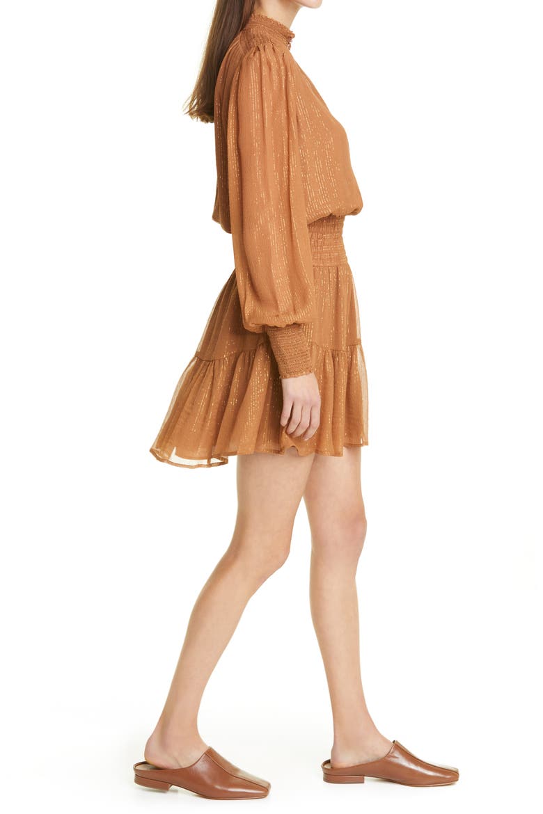 Silvie Smocked Long Sleeve Silk Blend Dress, Alternate, color, BUTTERSCOTCH