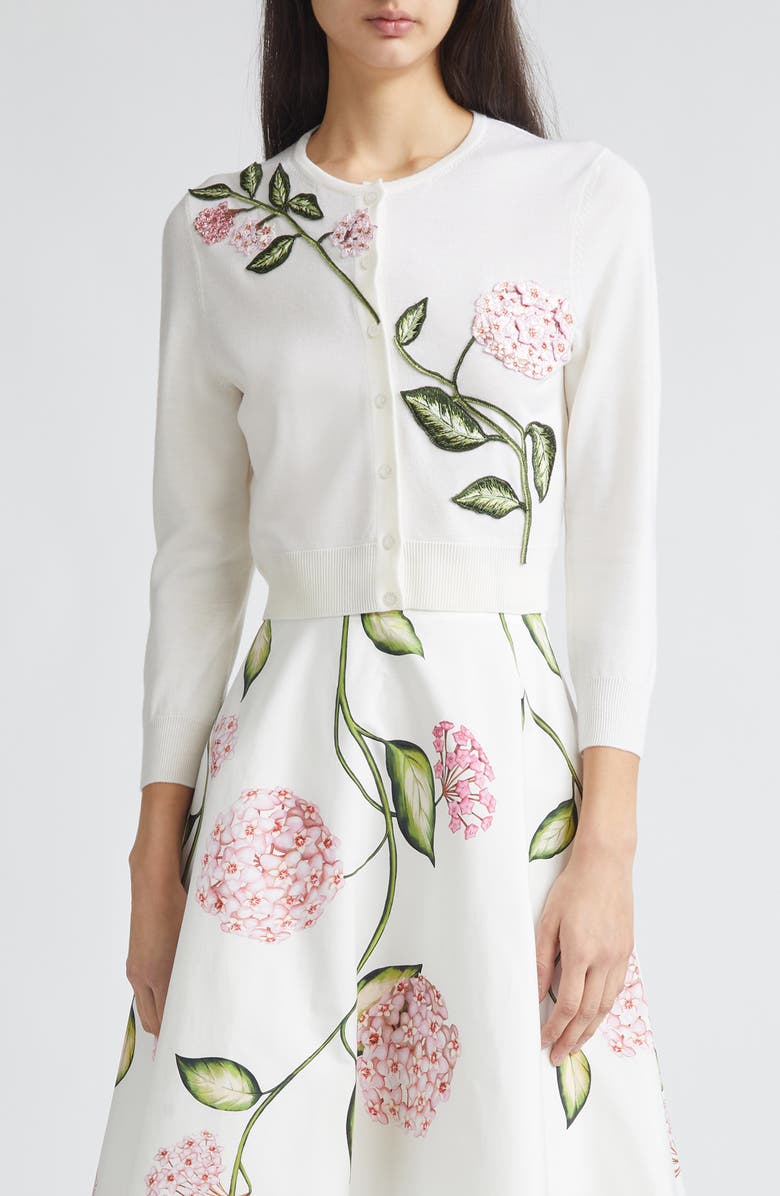 Oscar de la Renta Floral Virgin Wool Cardigan, Main, color,