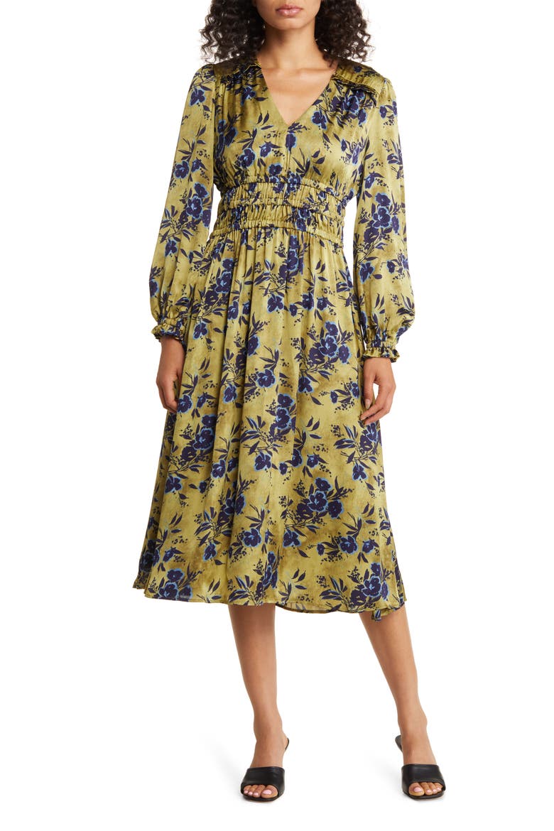 Floral Print Long Sleeve Shirred Midi Dress, Main, color, YELLOW MULTI