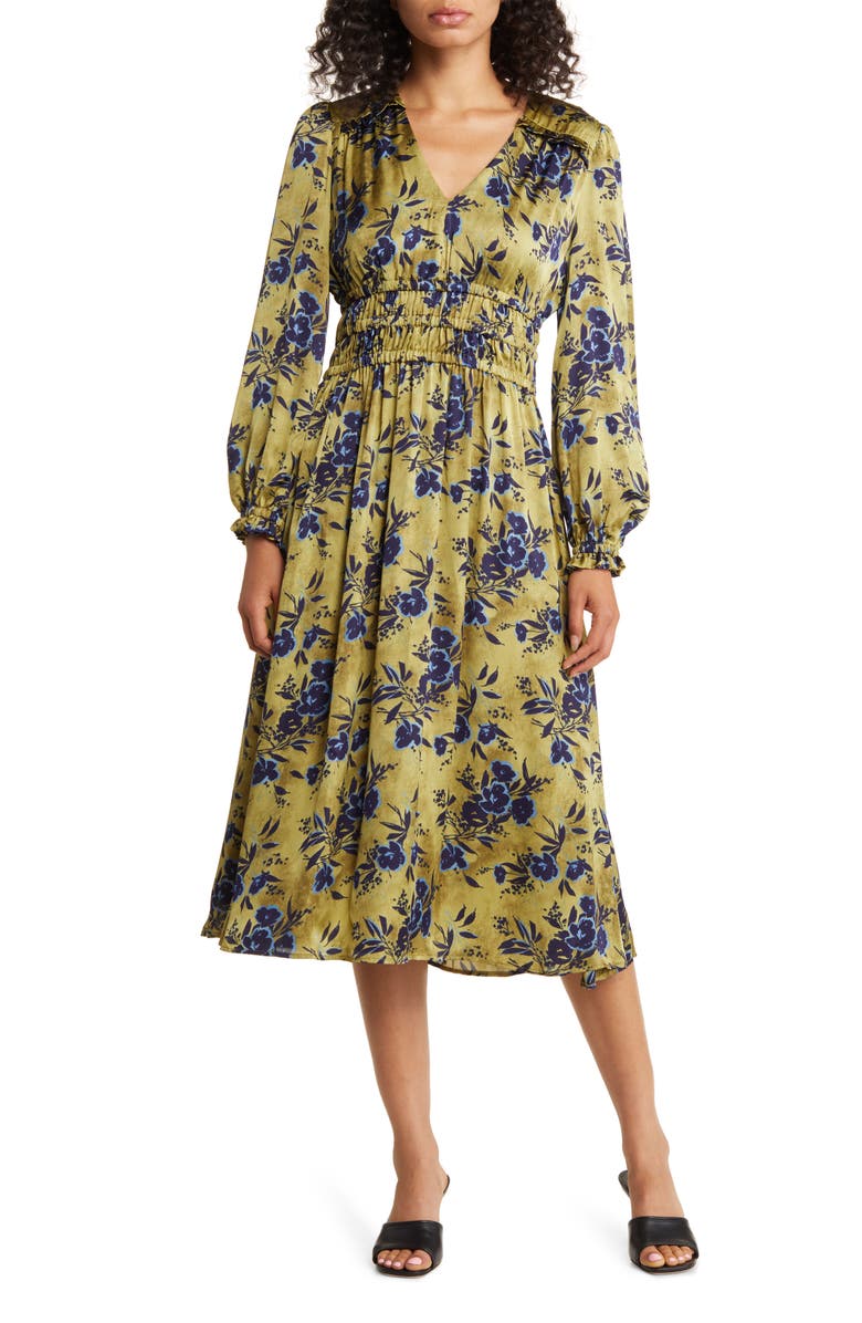 Julia Jordan Floral Print Long Sleeve Shirred Midi Dress, Main, color, 