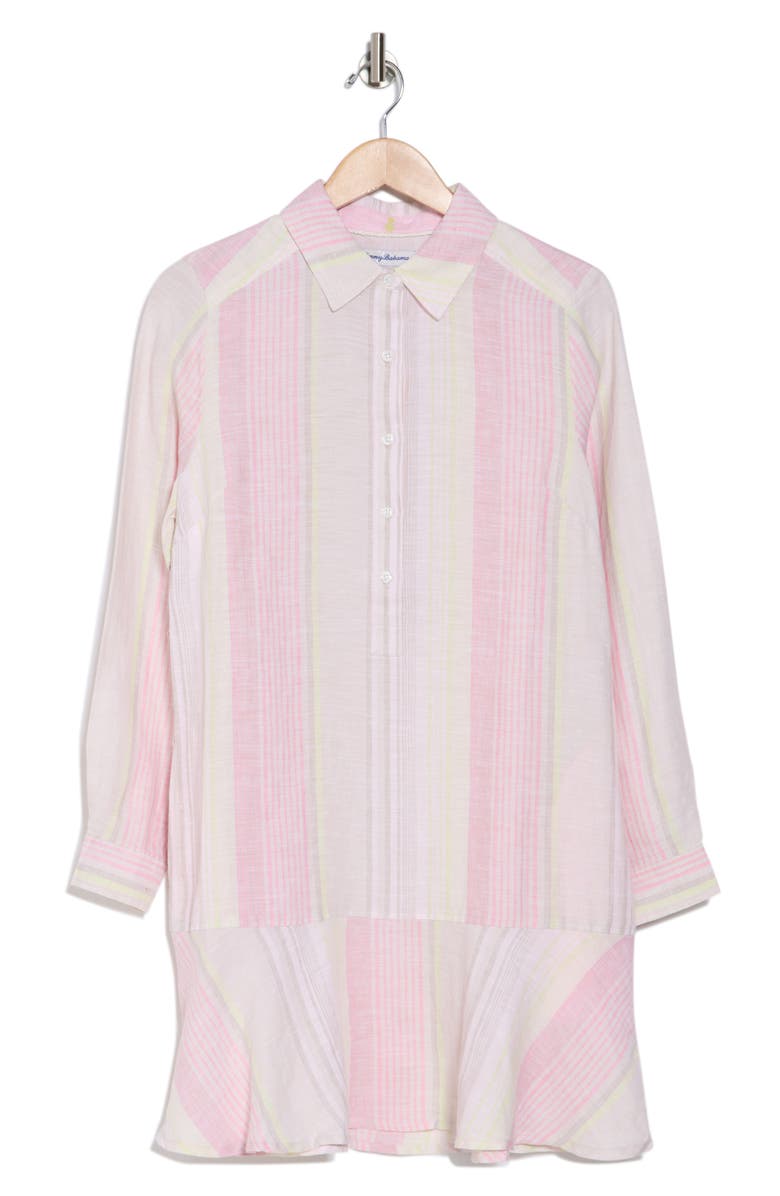 Tommy Bahama Ocean Reverie Long Sleeve Flounce Hem Linen Shirtdress, Alternate, color, Cameo