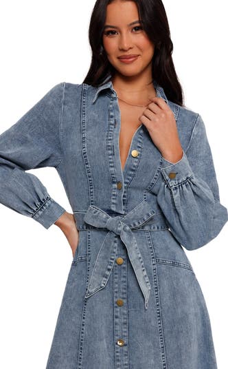 Emberly Tie Belt Three-Quarter Sleeve Stretch Denim Maxi Dress