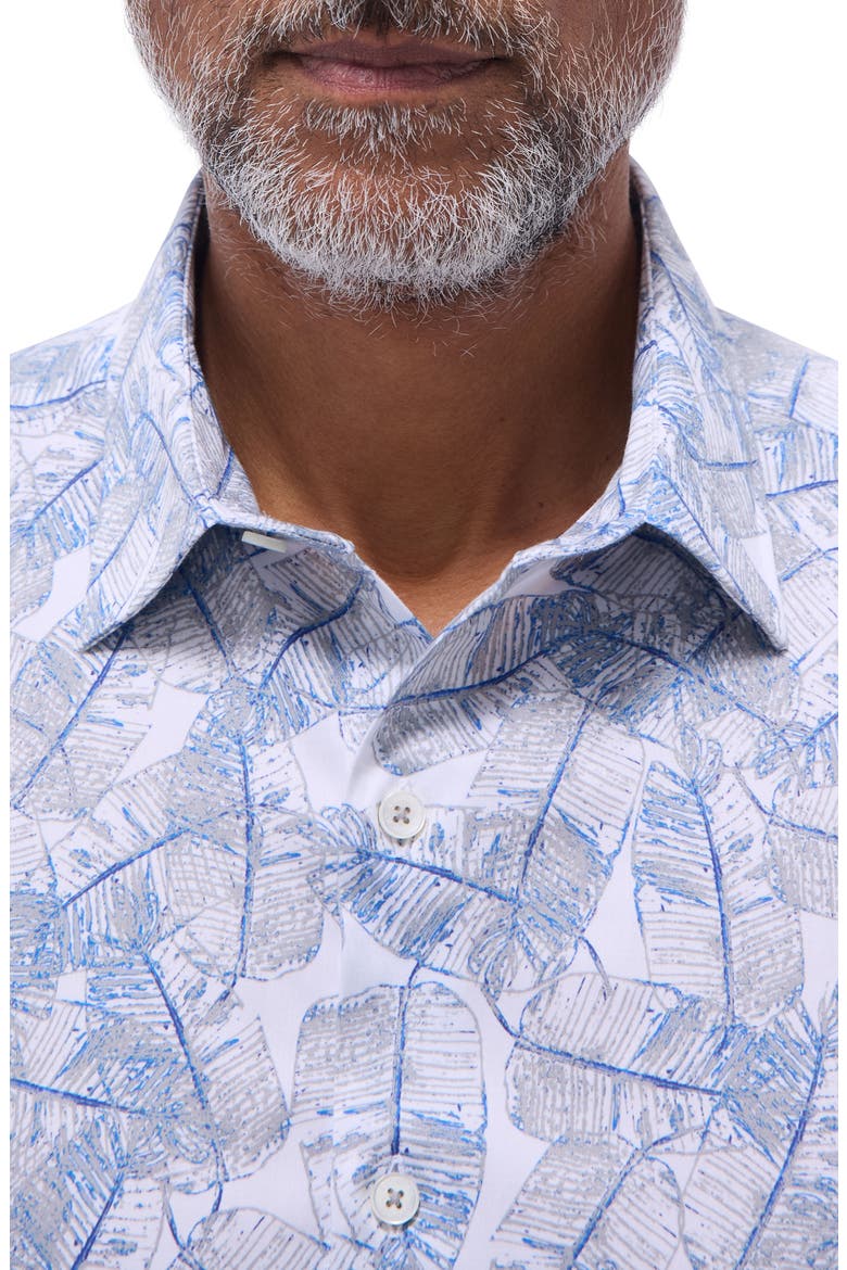 Julian Shaped Fit Leaf Print Stretch Cotton Button-Up Shirt, Alternate, color, COBALT