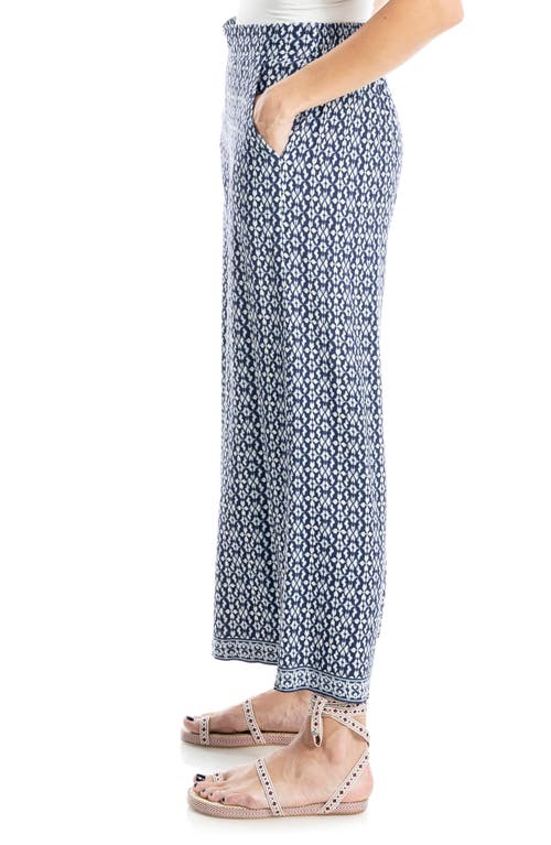 Max Studio Wide Leg Pull-on Crop Pants In Navy Blue Print