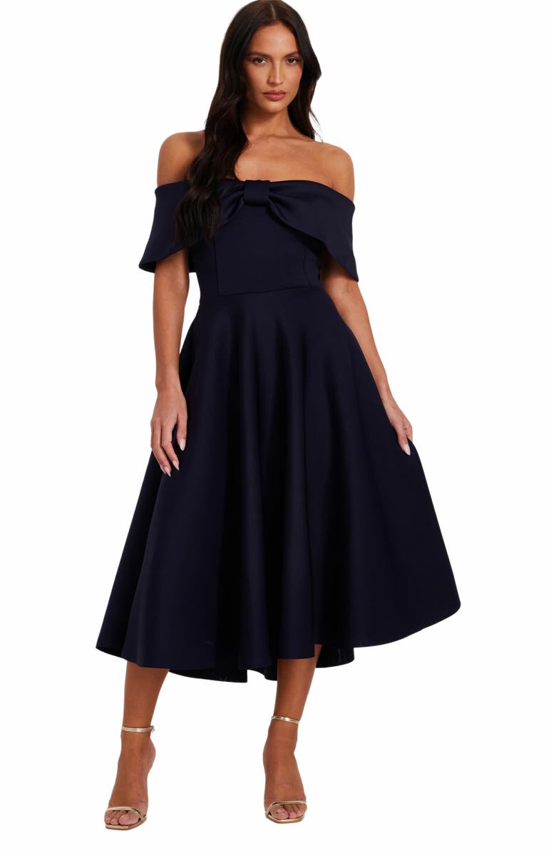 QUIZ Scuba Knit Bardot Bow Detail Skater Dress, Main, color, 
