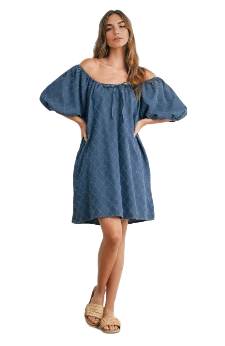Knit and Lounge Puff Sleeve Tie Neckline Mini Dress, Alternate, color, Denim Blue
