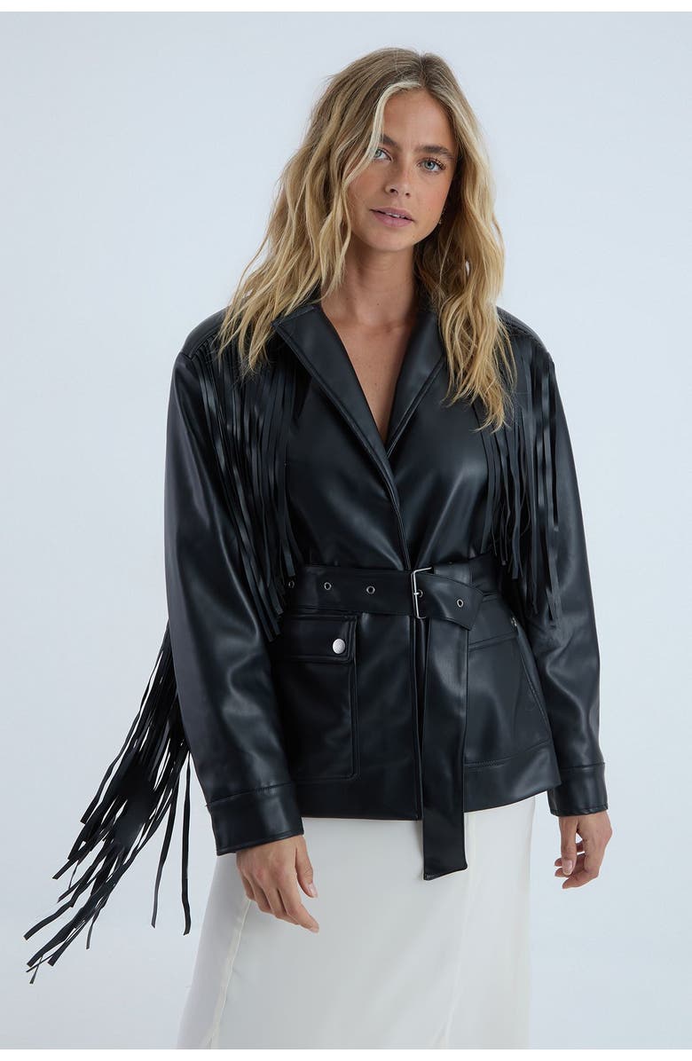 NASTY GAL Fringe Faux Leather Belted Jacket, Main, color, Black