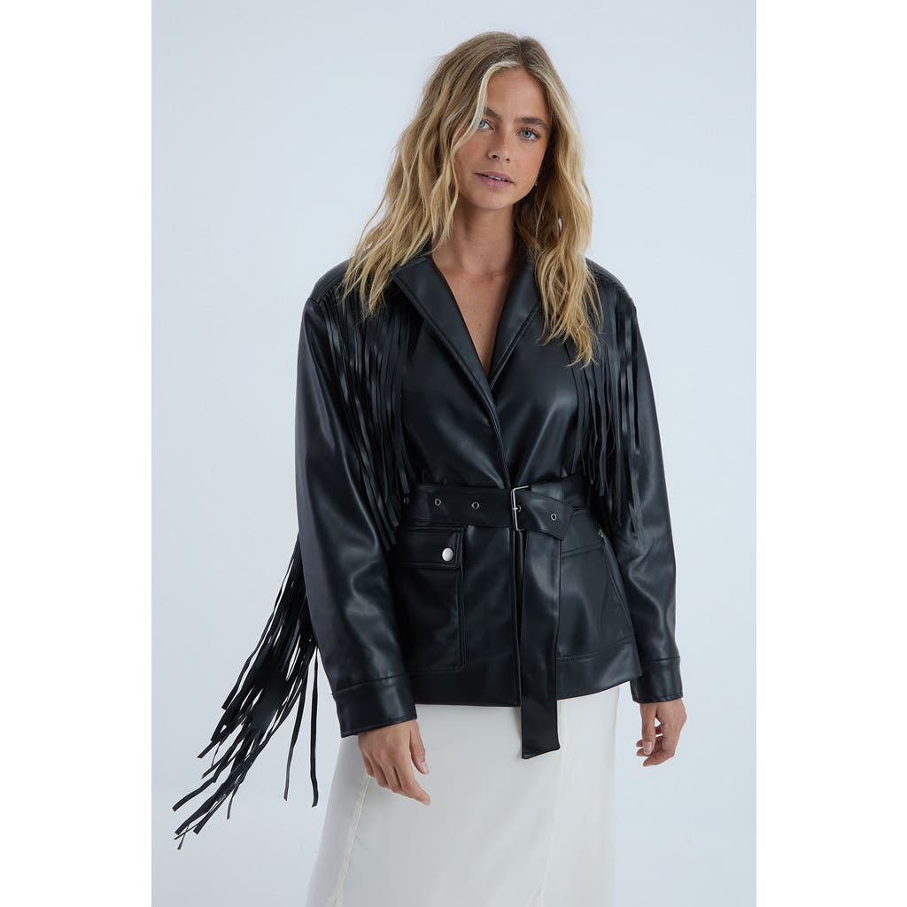 Nasty Gal Fringe Faux Leather Belted Jacket In Black