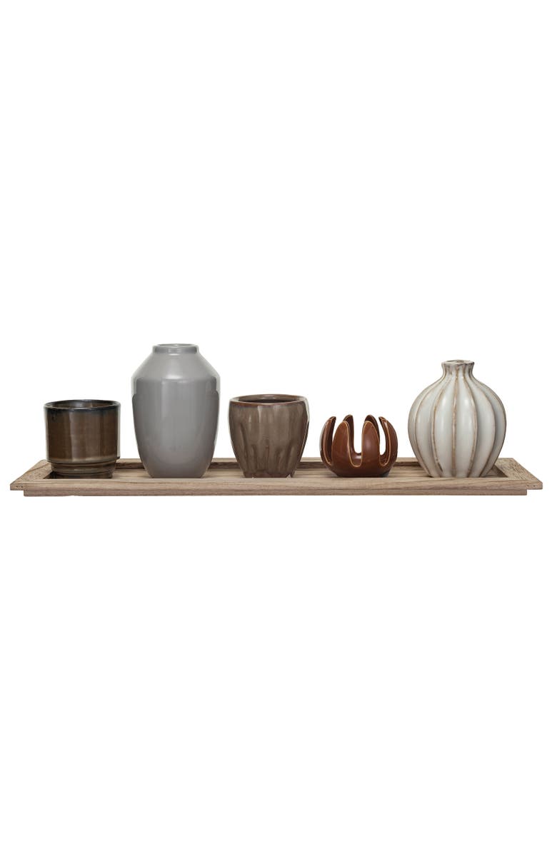 Storied Home 5 Stoneware Votive Candle Holders on a Wood Tray with Reactive Glaze, Main, color, 