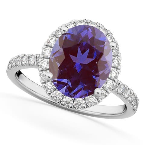 Oval Cut Halo Lab Alexandrite & Diamond Engagement Ring 14K