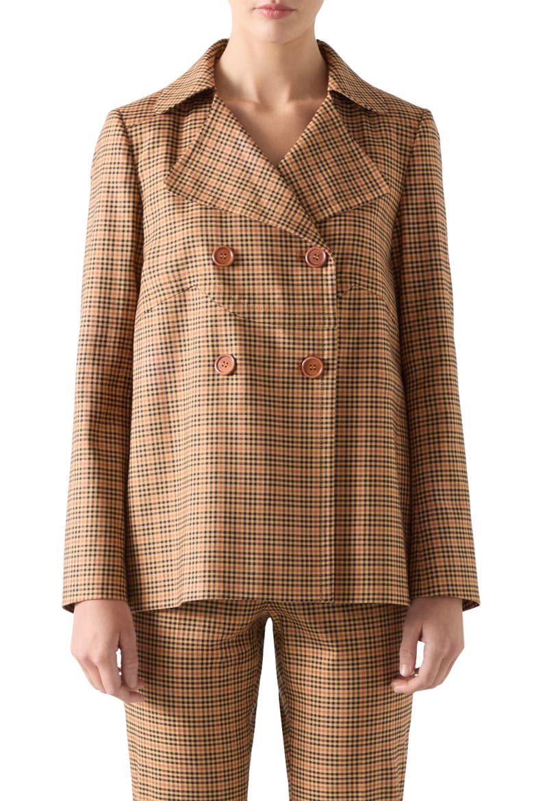 Amber Check Double Breasted Jacket, Main, color, BROWN
