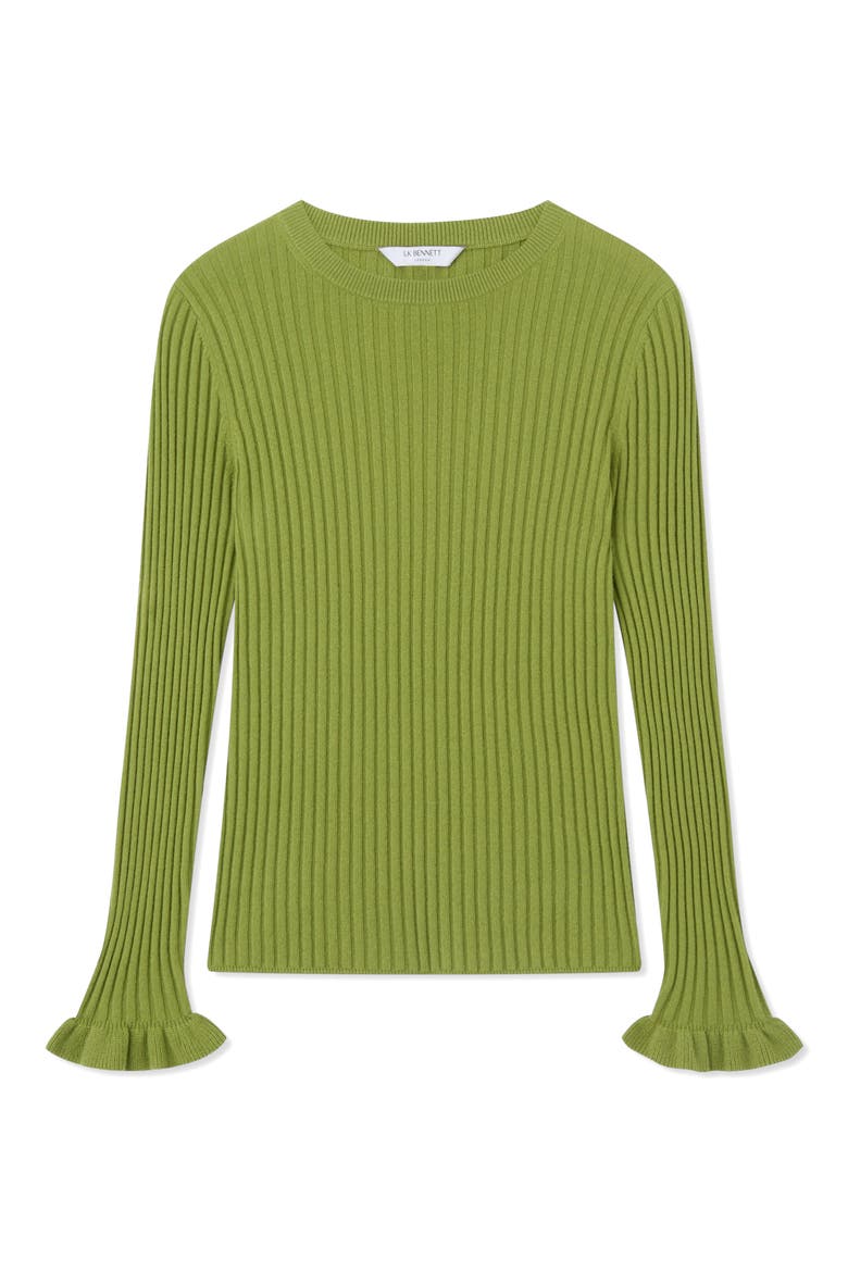 Yara Ruffle Cuff Rib Crewneck Sweater, Alternate, color, GREEN