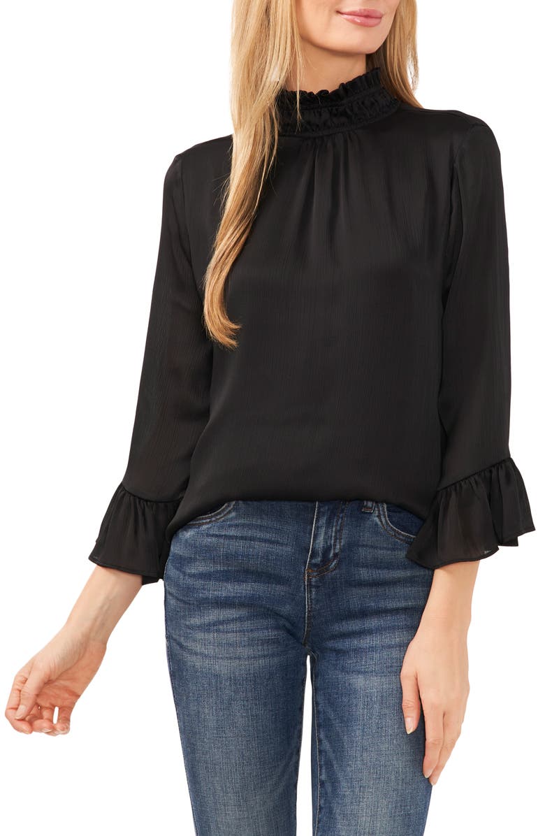 CeCe Flare Cuff Smocked Mock Neck Top, Main, color, 