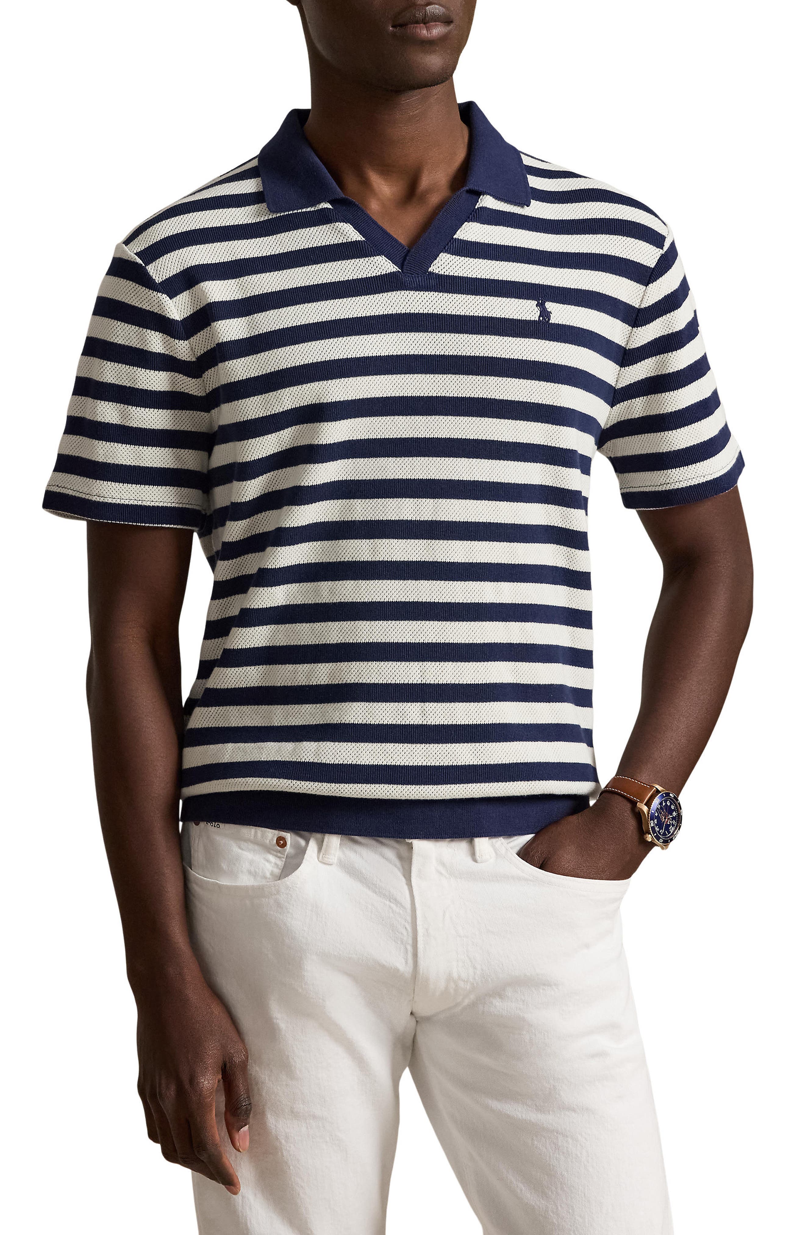 Stripe Pointelle Rib Johnny Collar Polo
