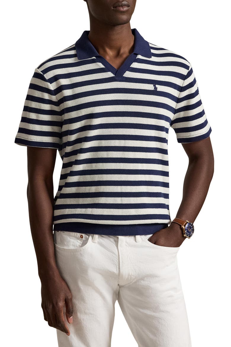 Stripe Pointelle Rib Johnny Collar Polo, Main, color, NEWPORT NAVY/ ANDOVER CREAM