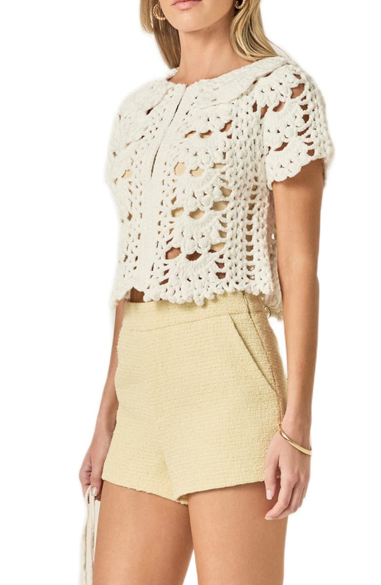 English Factory Crochet Crop Cardigan, Alternate, color, White