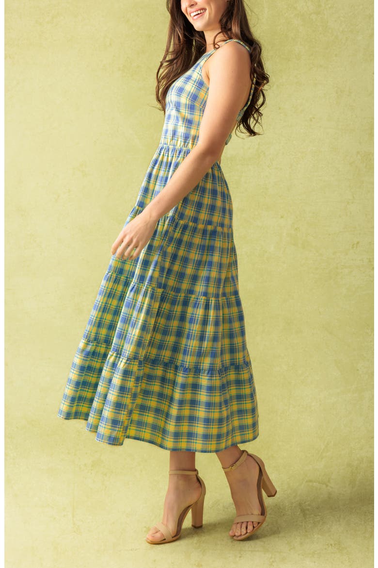 Plaid Tiered Cotton Midi Dress, Alternate, color, YELLOW BLUE