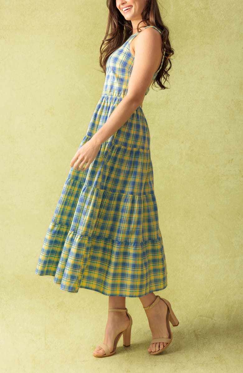 FLYING TOMATO Plaid Tiered Cotton Midi Dress, Alternate, color, Yellow Blue