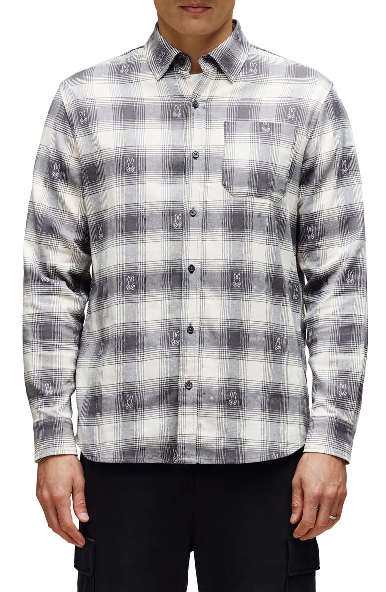 Psycho Bunny Kurt Plaid Stretch Flannel Button-Up Shirt, Main, color, Blackened Pearl