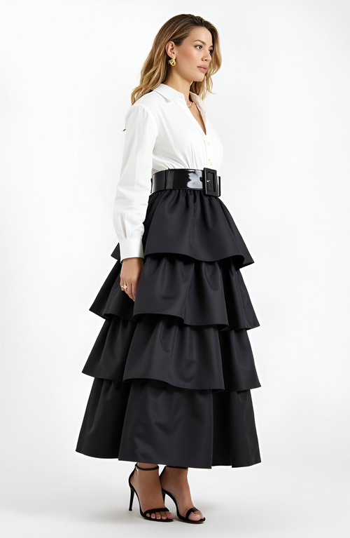 Modenaire Tiered Ruffle Midi Skirt With Wide Belt And Layered Hem In Black
