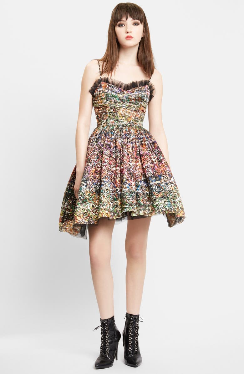 Saint Laurent 'Lulu' Floral Lace Lamé Dress, Main, color, 