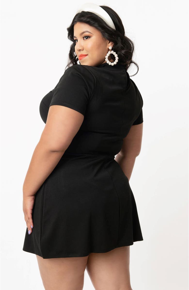 Unique Vintage Plus Size Mock Neck Short Sleeve Wave Maker Shift Dress, Alternate, color, Black